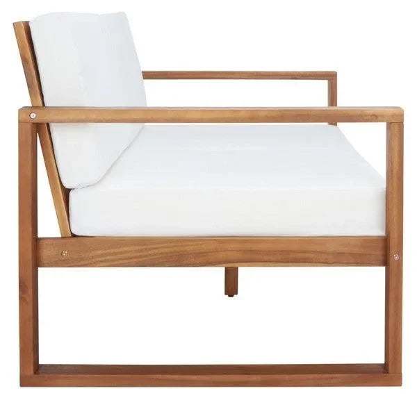 Emiko Acacia Wood Outdoor Bench in Natural with Beige Cushion - The Mayfair Hall