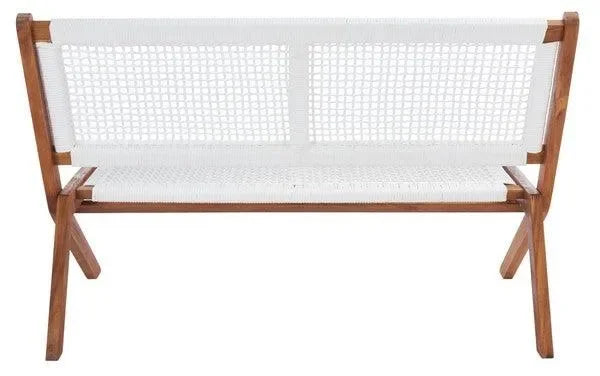 Kobina Acacia Wood Outdoor Bench in Natural and White with Woven Rope - The Mayfair Hall
