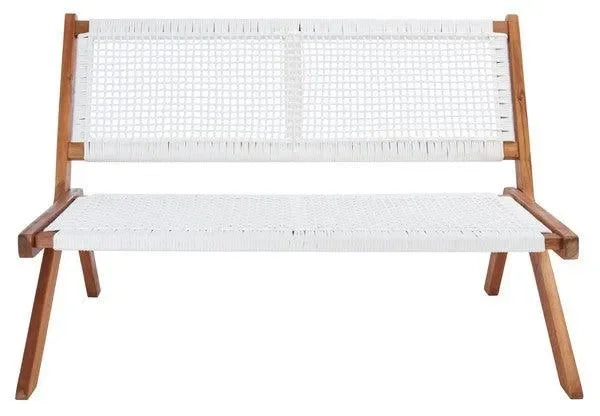 Kobina Acacia Wood Outdoor Bench in Natural and White with Woven Rope - The Mayfair Hall