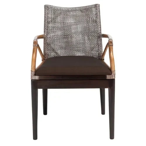 Gianni Woven Rattan Arm Chair in Brown White Wash with Mahogany Wood Legs - The Mayfair Hall