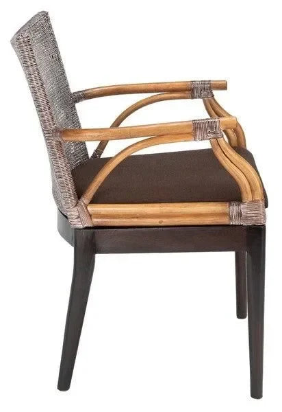 Gianni Woven Rattan Arm Chair in Brown White Wash with Mahogany Wood Legs - The Mayfair Hall