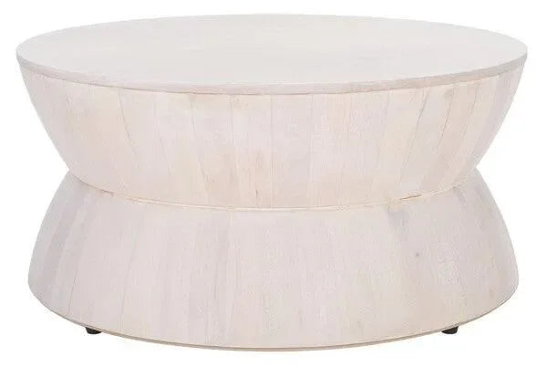 Alecto Wood Coffee Table in White Wash with a Cinched Hourglass Design - The Mayfair Hall