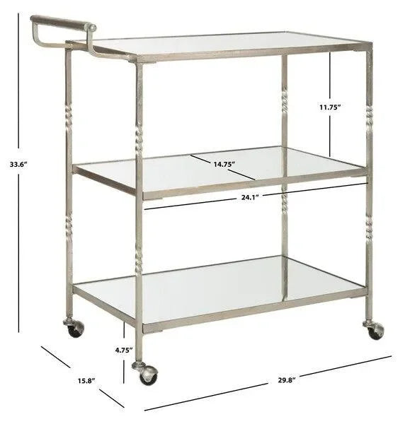 Aurelius Iron Bar Cart in Silver with Mirrored Glass Shelves - The Mayfair Hall