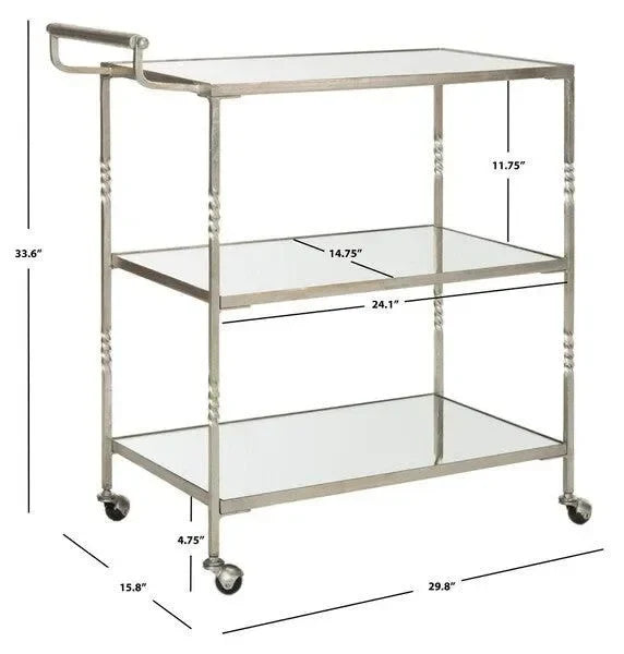 Aurelius Iron Bar Cart in Silver with Mirrored Glass Shelves - The Mayfair Hall