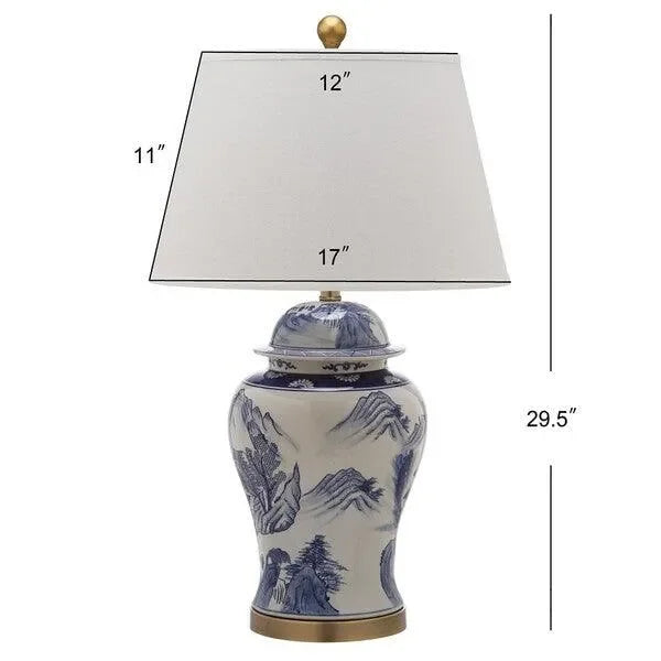 Shanghai Ceramic Table Lamp in White and Blue with Linen Shade (Set of 2) - The Mayfair Hall