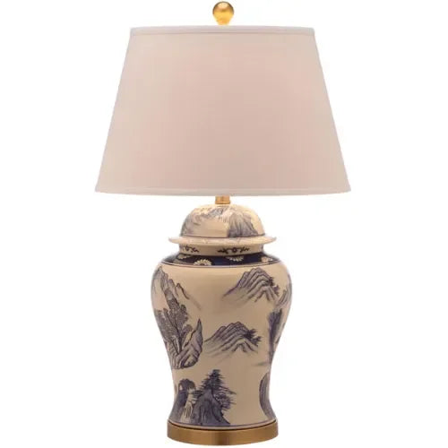 Shanghai Ceramic Table Lamp in White and Blue with Linen Shade (Set of 2) - The Mayfair Hall