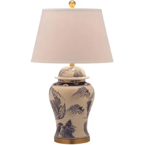 Shanghai Ceramic Table Lamp in White and Blue with Linen Shade (Set of 2) - The Mayfair Hall