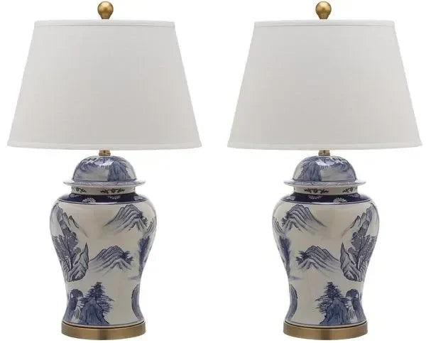 Shanghai Ceramic Table Lamp in White and Blue with Linen Shade (Set of 2) - The Mayfair Hall