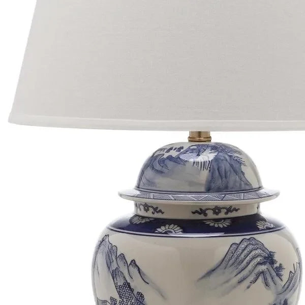 Shanghai Ceramic Table Lamp in White and Blue with Linen Shade (Set of 2) - The Mayfair Hall