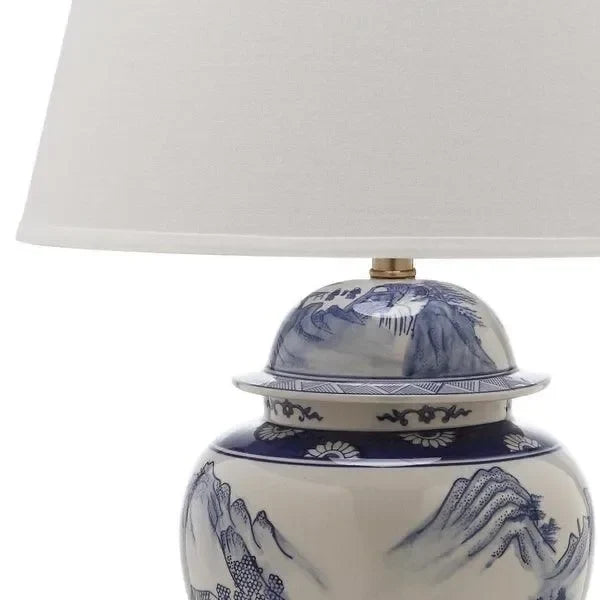 Shanghai Ceramic Table Lamp in White and Blue with Linen Shade (Set of 2) - The Mayfair Hall