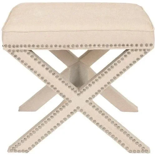 Palmer Linen Ottoman in Taupe with Silver Nail Heads - The Mayfair Hall