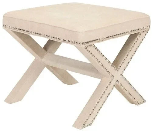 Palmer Linen Ottoman in Taupe with Silver Nail Heads - The Mayfair Hall