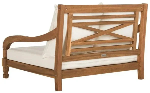 Pomona Acacia Wood Outdoor Chaise Loungers in Natural and Beige - The Mayfair Hall