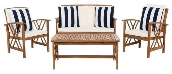 Fontana Acacia Wood Outdoor Set in Natural with Cushions and Accent Pillows (4 Piece) - The Mayfair Hall