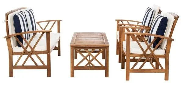 Fontana Acacia Wood Outdoor Set in Natural with Cushions and Accent Pillows (4 Piece) - The Mayfair Hall