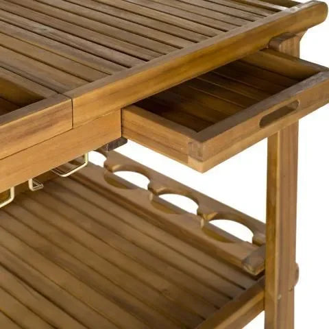 Orland Acacia Wood Serving Cart in Natural with Glass Holders - The Mayfair Hall