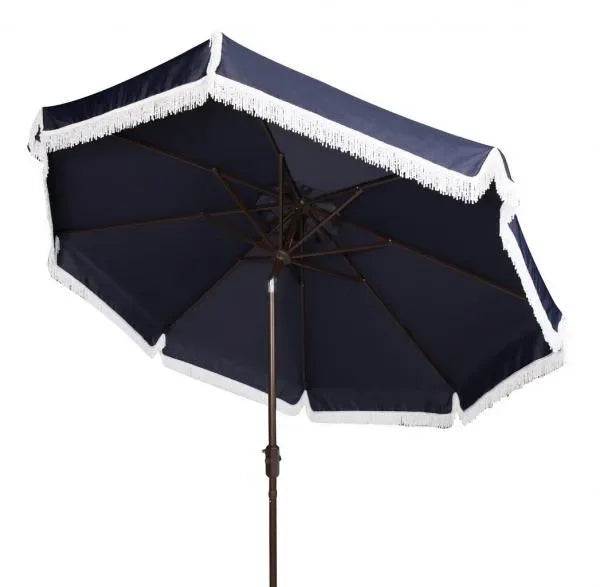 Milan Polyester Fringe Crank Auto Tilt Umbrella in Navy and White (9 ft) - The Mayfair Hall