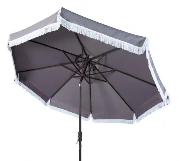 Milan Polyester Fringe Crank Auto Tilt Umbrella in Gray and White (9 ft) - The Mayfair Hall