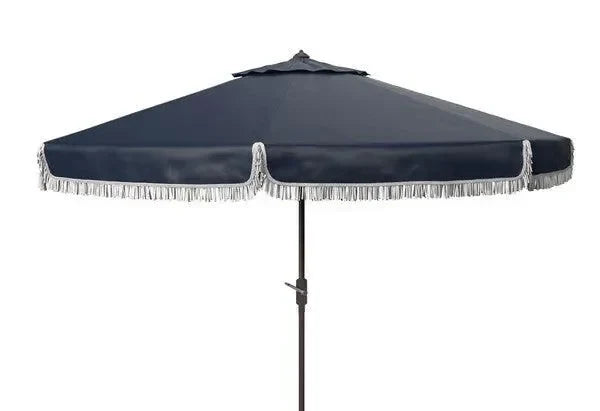 Milan Polyester Fringe Crank Umbrella in Navy and White (11 ft) - The Mayfair Hall