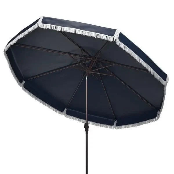 Milan Polyester Fringe Crank Umbrella in Navy and White (11 ft) - The Mayfair Hall