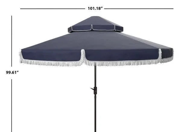 Milan Polyester Fringe Crank Umbrella in Navy and White with Double Top (9ft) - The Mayfair Hall