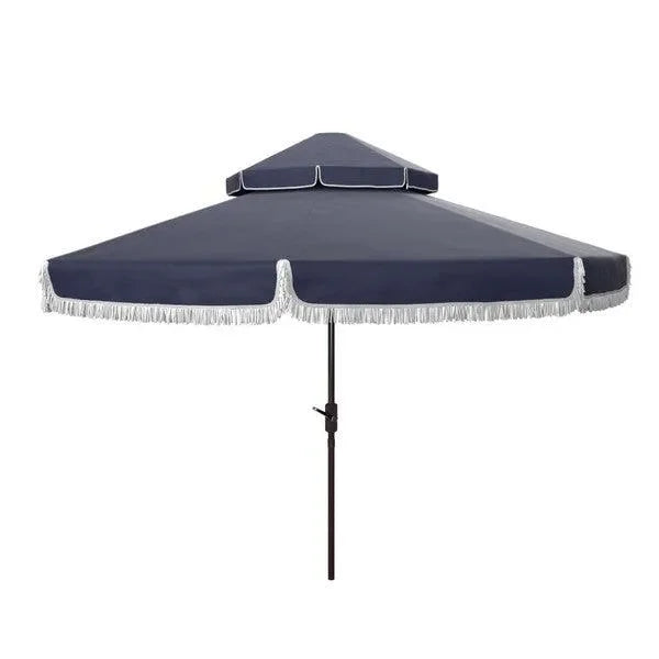 Milan Polyester Fringe Crank Umbrella in Navy and White with Double Top (9ft) - The Mayfair Hall