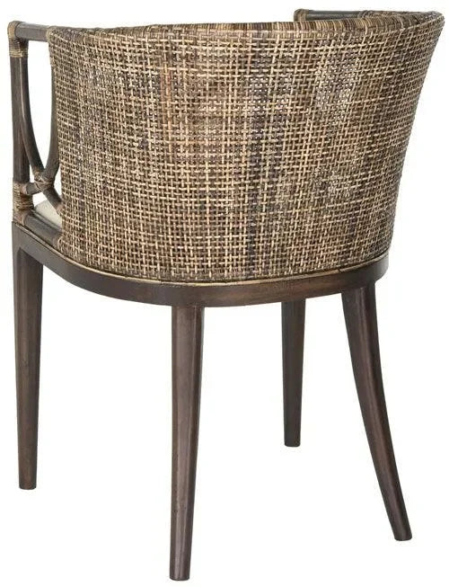 Beningo Mahogany Wood Arm Chair in Brown and Black with Rattan Back - The Mayfair Hall
