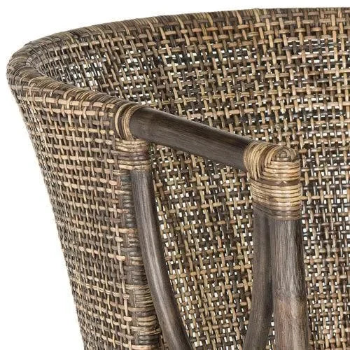 Beningo Mahogany Wood Arm Chair in Brown and Black with Rattan Back - The Mayfair Hall