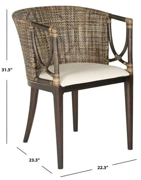 Beningo Mahogany Wood Arm Chair in Brown and Black with Rattan Back - The Mayfair Hall