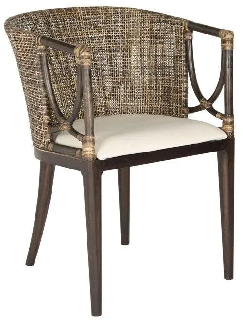 Beningo Mahogany Wood Arm Chair in Brown and Black with Rattan Back - The Mayfair Hall