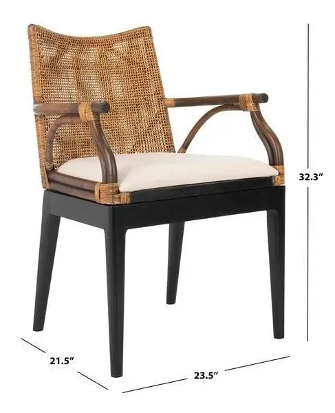 Gianni Woven Rattan Arm Chair in Brown and Black with Mahogany Wood Legs - The Mayfair Hall