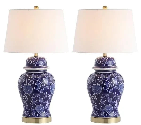 Safavieh Aharon Ceramic Table Lamp in Navy with White Flowers Design (Set of two)