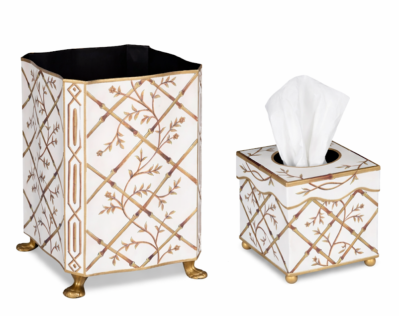 Ivory Bamboo & Floral Tissue Holder & Wastepaper Basket (3 Options)