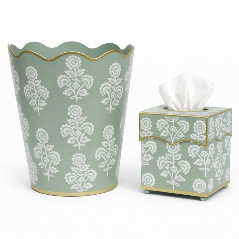 Green Floral Scalloped Wastepaper Basket & Tissue (2 Options)