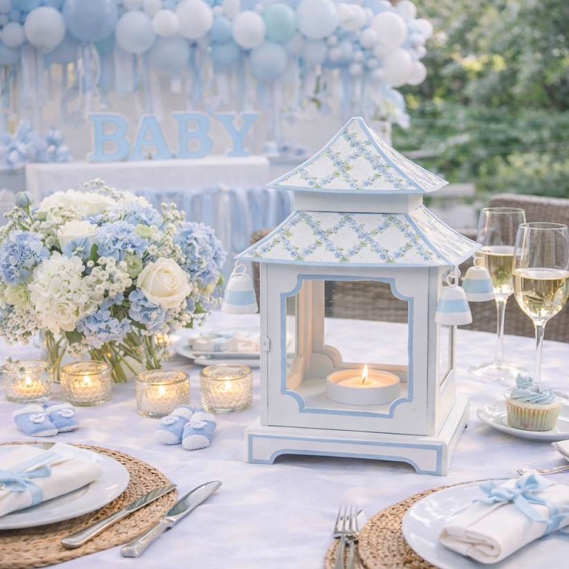 Soft Blue Hydrangea Garden Trellis Pagoda Lantern (4 Sizes)