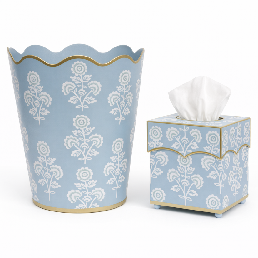 Slate Blue Floral Scalloped Wastepaper Basket & Tissue (2 Options)