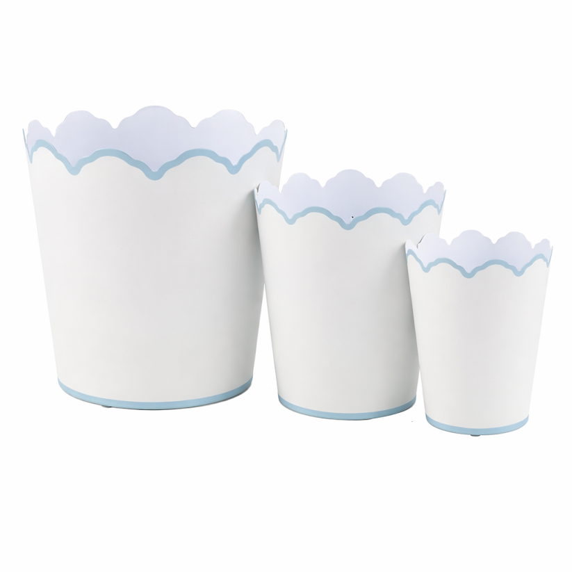 White & Pale Blue Scalloped Bucket Wastepaper Basket & Planters (4 Options)