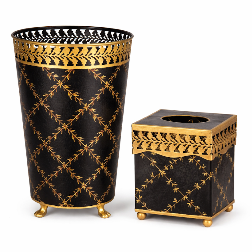 Black Pierced Gold Leaf Wastepaper Basket & Tissue (3 Options)