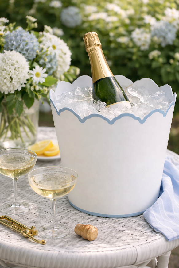 White & Pale Blue Scalloped Bucket Wastepaper Basket & Planters (4 Options)