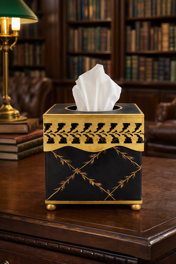 Black Pierced Gold Leaf Wastepaper Basket & Tissue (3 Options)
