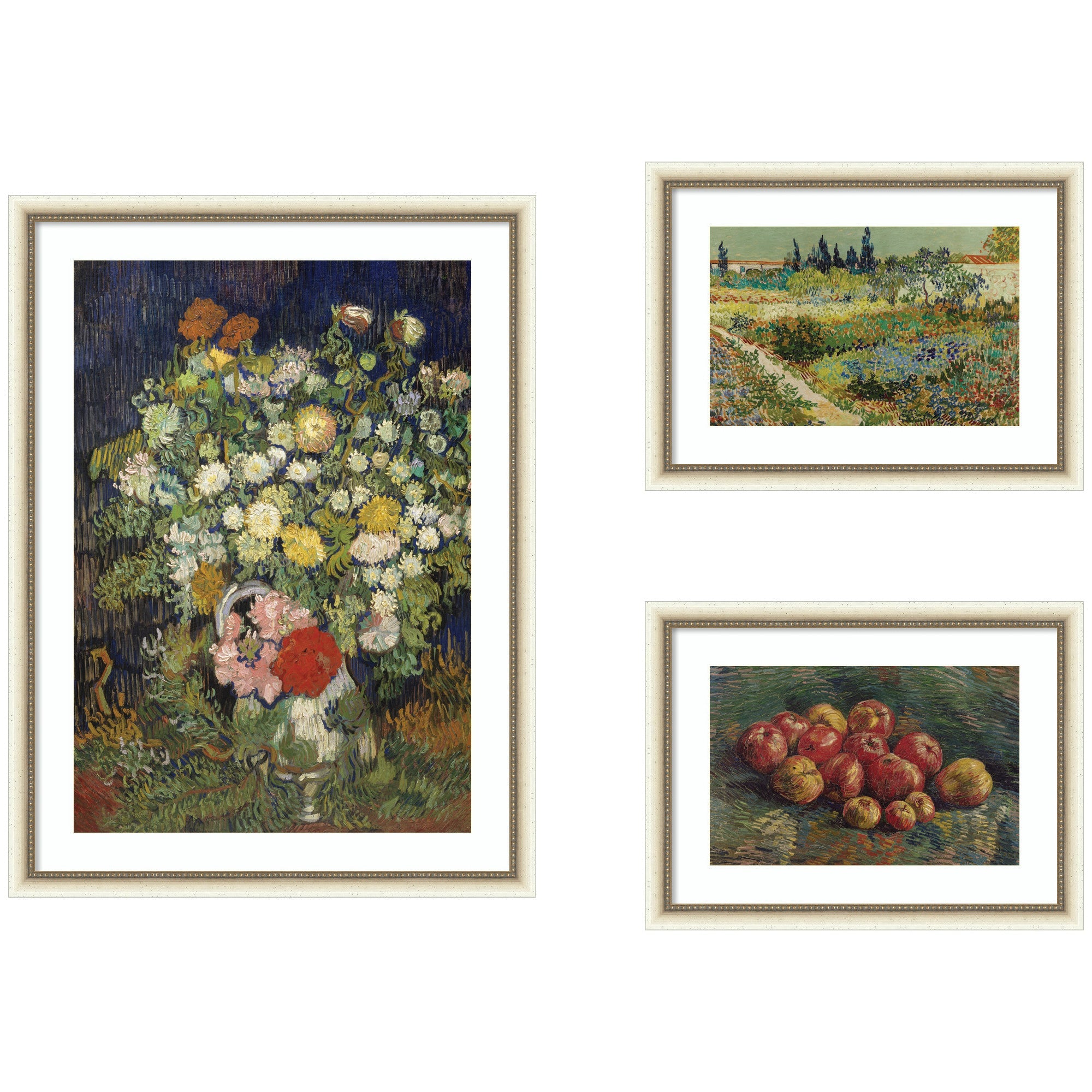 Apples 1887, Bouquet of Flowers in a Vase 1890, & Garden at Arles by Vincent Van Gogh 3 Piece Framed Wall Art Print Set by Nostalgia Prints