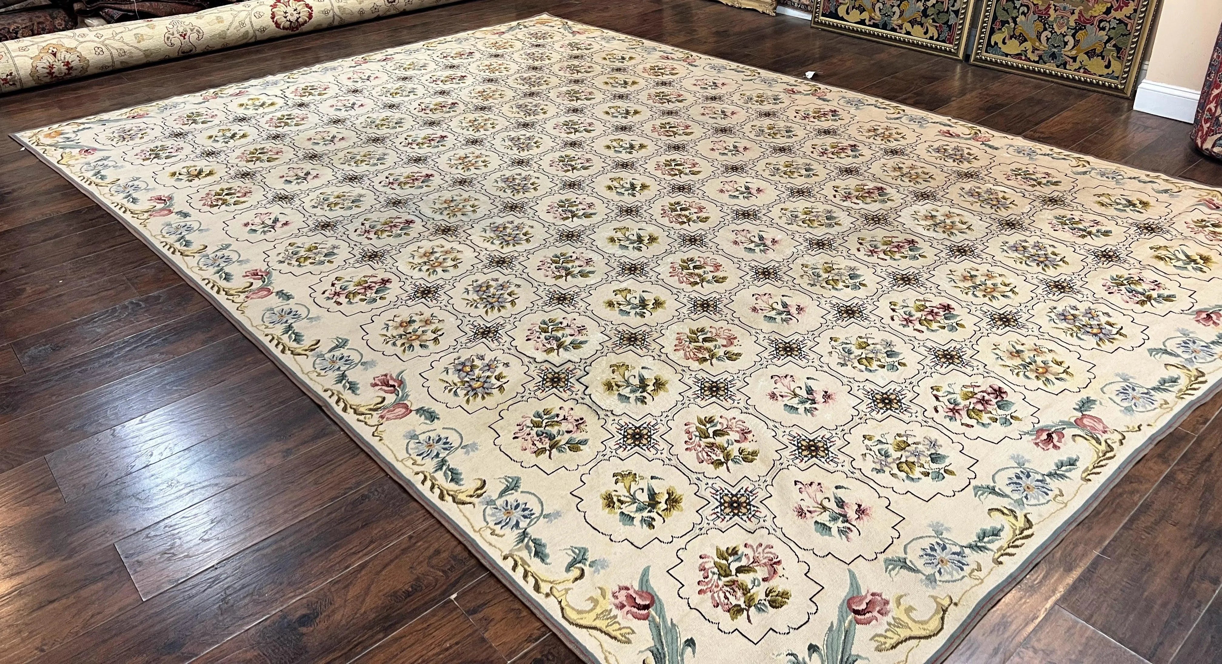 Needlepoint Rug 10x14, Wool Handmade Vintage Needlepoint Carpet, Floral Panel Design, Ivory/Cream
