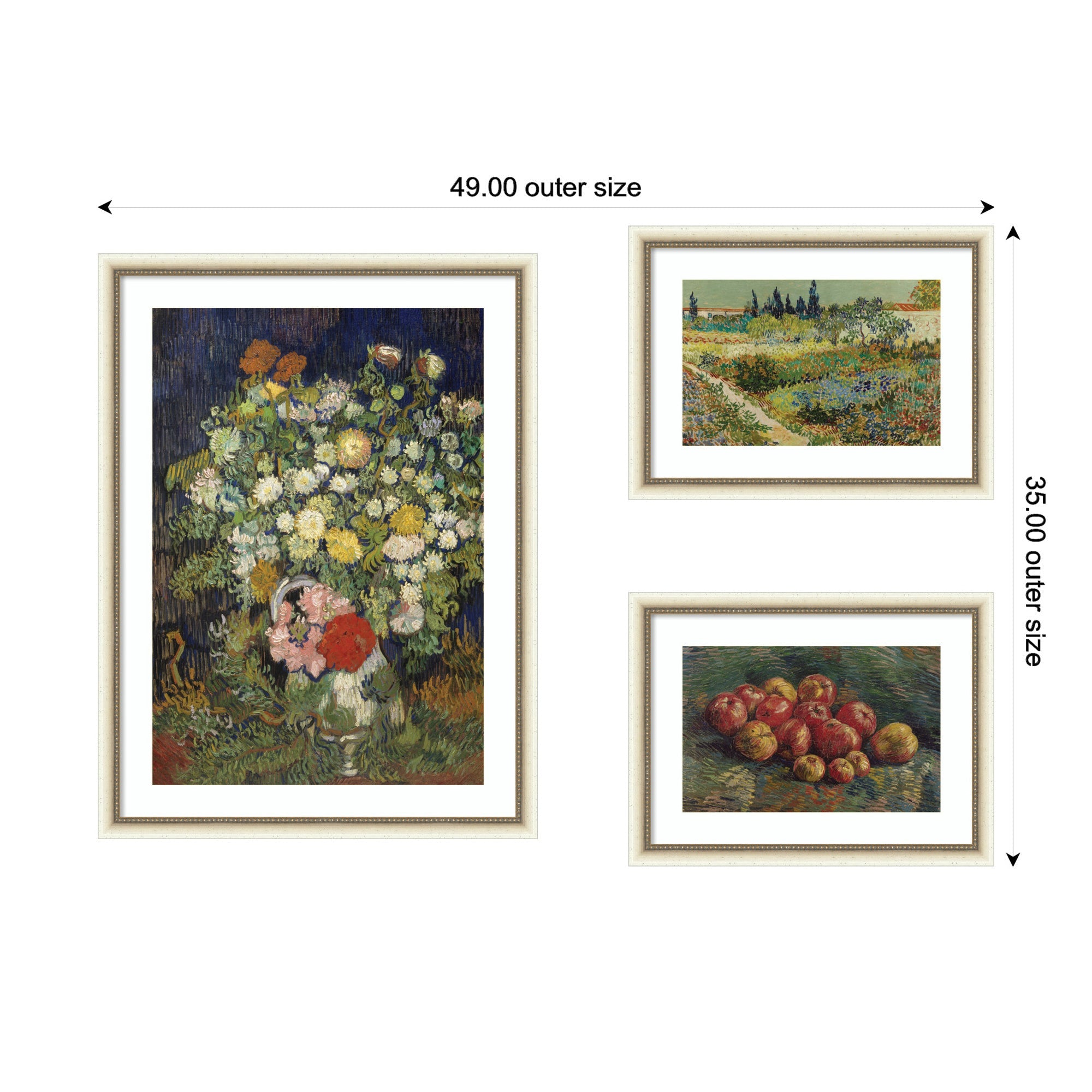 Apples 1887, Bouquet of Flowers in a Vase 1890, & Garden at Arles by Vincent Van Gogh 3 Piece Framed Wall Art Print Set by Nostalgia Prints