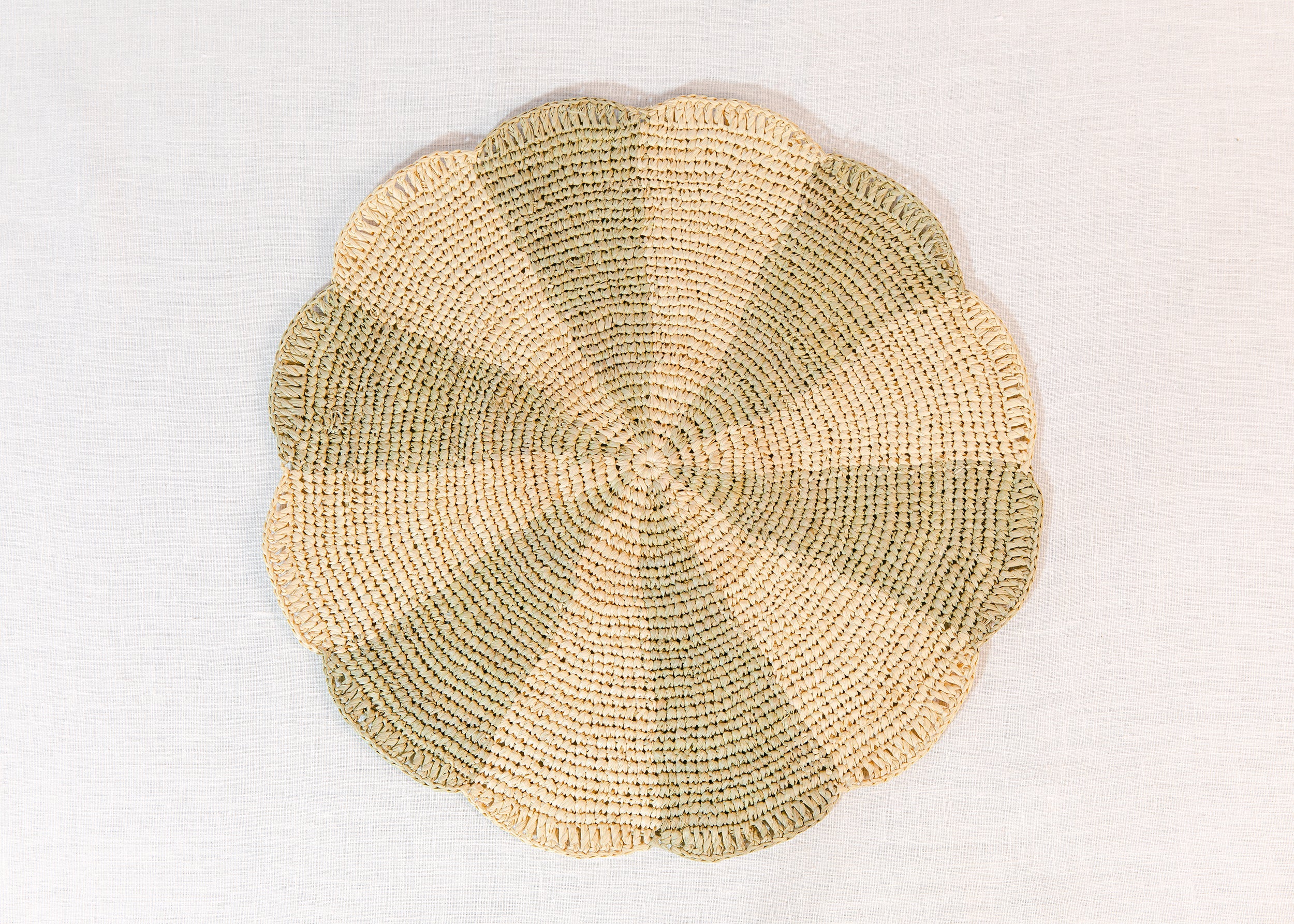 Pinwheel Olive Placemat, raffia tabletop