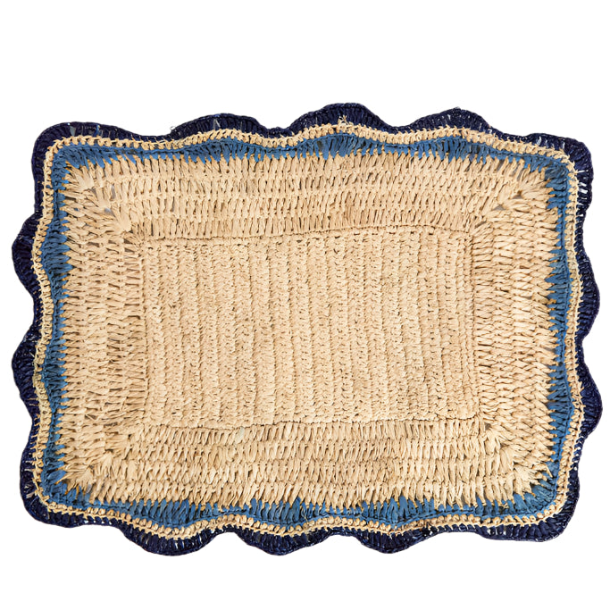 Garden Party placemats with Blue Edges, Handmade Woven Rectangular Table Mats, Natural raffia boho Placemat for Dining Table