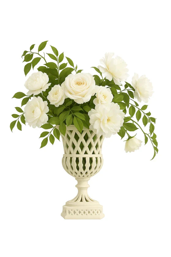White CAST ALUMINUM FRETWORK URN and Pedestal
