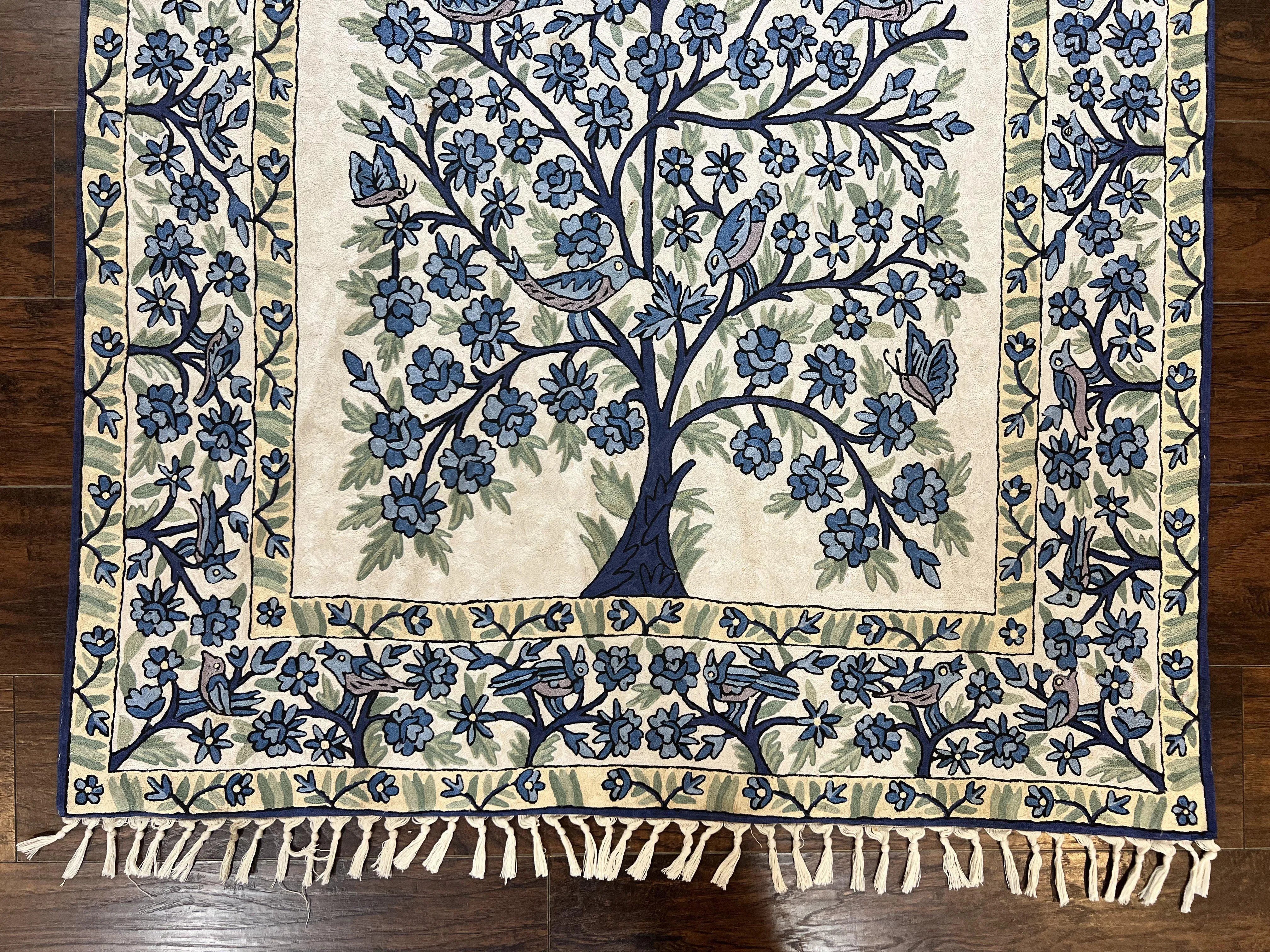 Tree of Life Indian Hand Stitched Rug 4x6, Indian Wall Hanging Rug, Ivory Blue, Silk on Cotton, Vintage
