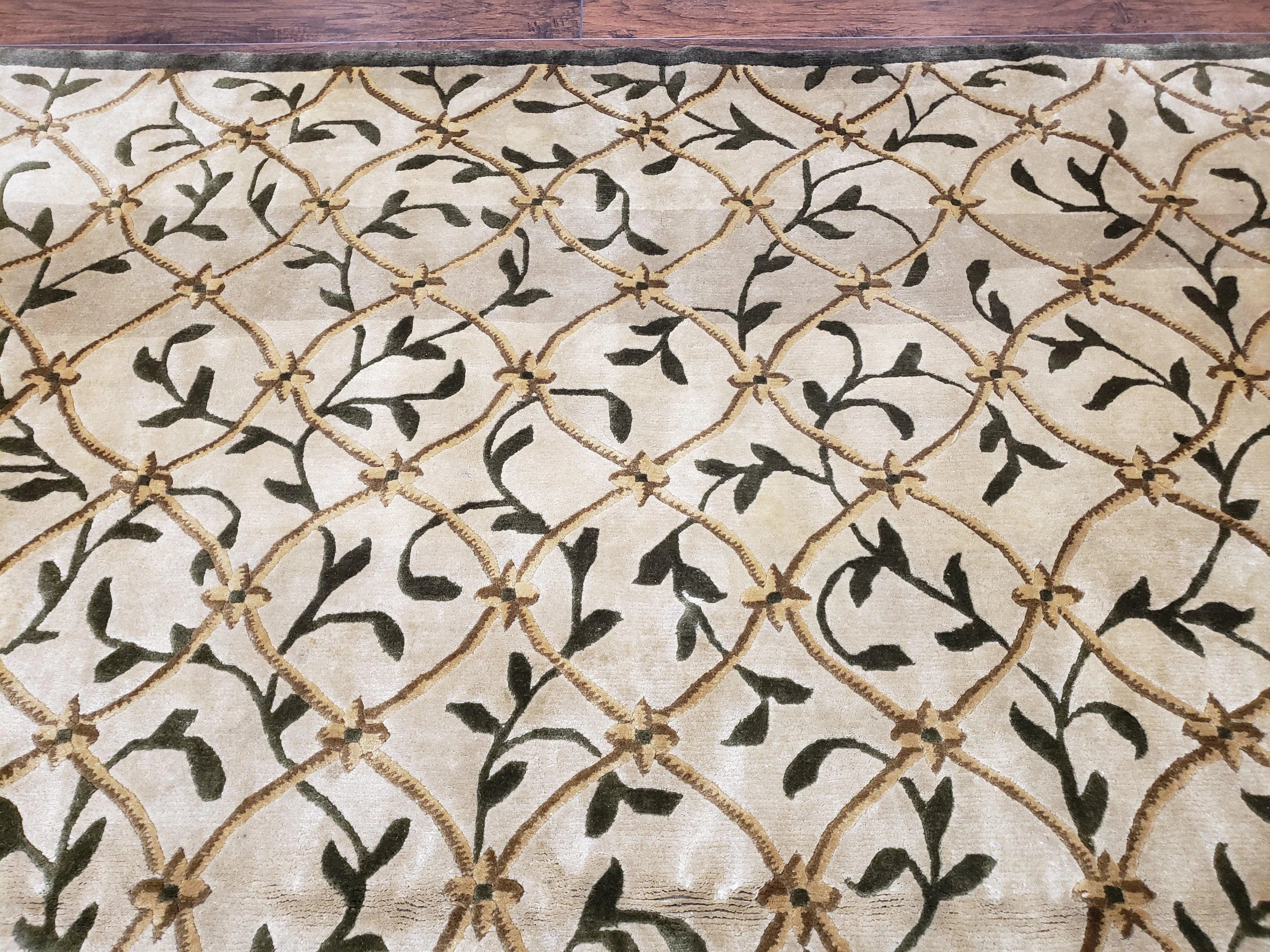 Vintage Tibetan Nepalese Area Rug 9x12, Wool Hand-Knotted, Beige Nepali Soft Pile Carpet, 9 x 12 Living Room Modern Dining Room Rug