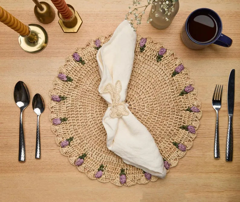 Tulip Floral Placemat – Hand-Crocheted Raffia – Spring Table Decor – Easter Table Setting – Handmade by Artisans in Madagascar - The Mayfair Hall