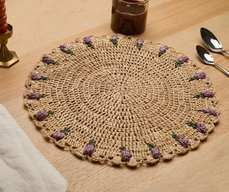 Tulip Floral Placemat – Hand-Crocheted Raffia – Spring Table Decor – Easter Table Setting – Handmade by Artisans in Madagascar - The Mayfair Hall